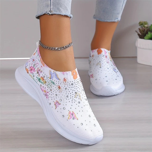 Women's White Slip-On Sneakers with Floral Print and Rhinestones for Casual Wear 2026 - $29.99