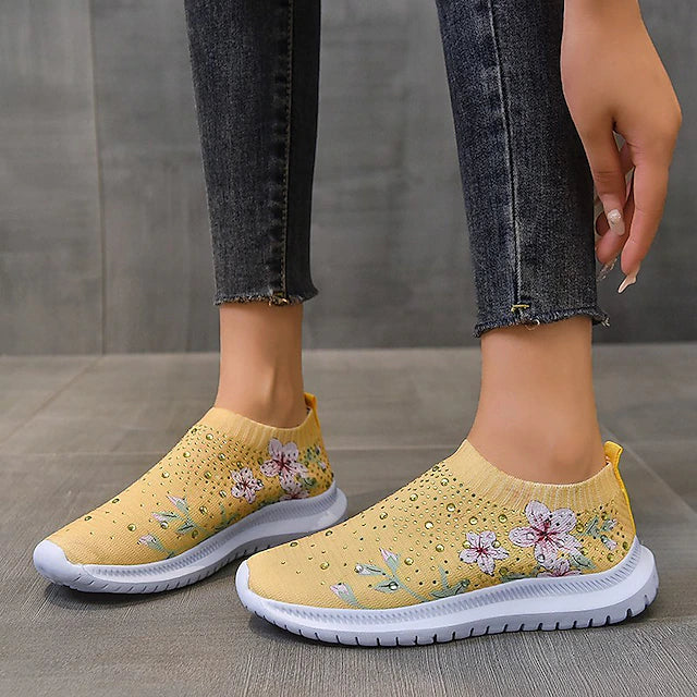 Women's White Slip-On Sneakers with Floral Print and Rhinestones for Casual Wear 2026 - $29.99