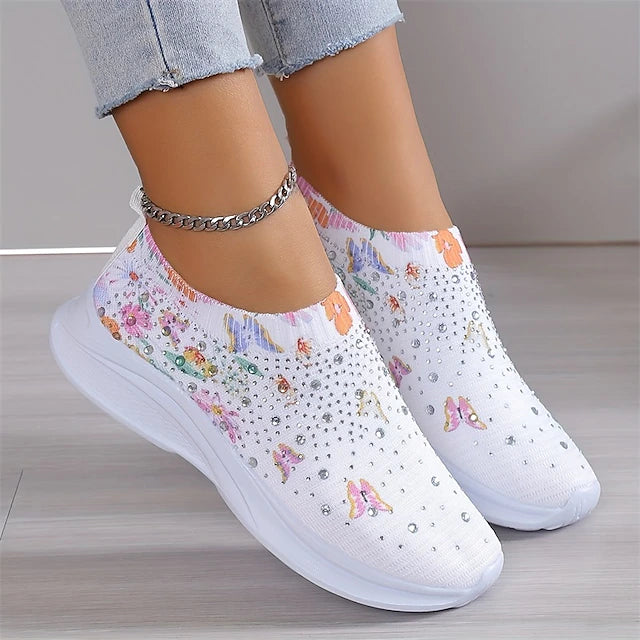 Women's White Slip-On Sneakers with Floral Print and Rhinestones for Casual Wear 2026 - $29.99