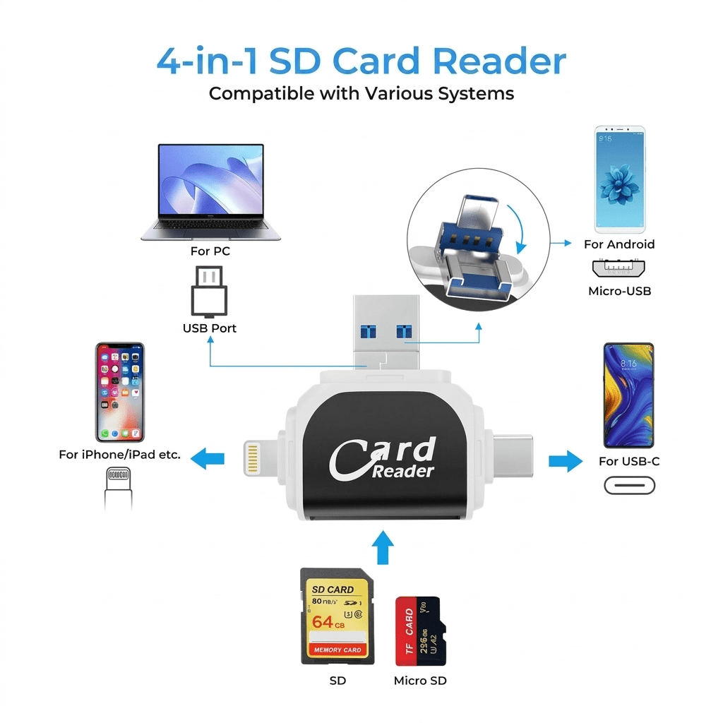 Portix 4 - in - 1 SD Card Reader – USB - C & USB 3.0 - Lovitzo