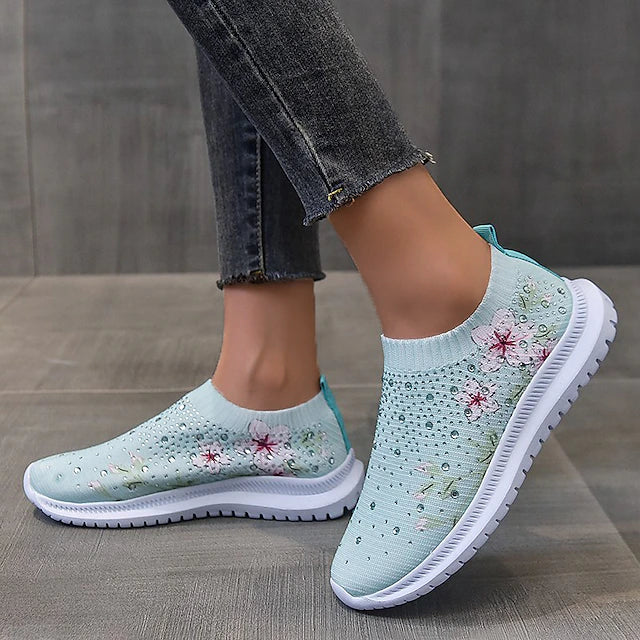 Women's White Slip-On Sneakers with Floral Print and Rhinestones for Casual Wear 2026 - $29.99