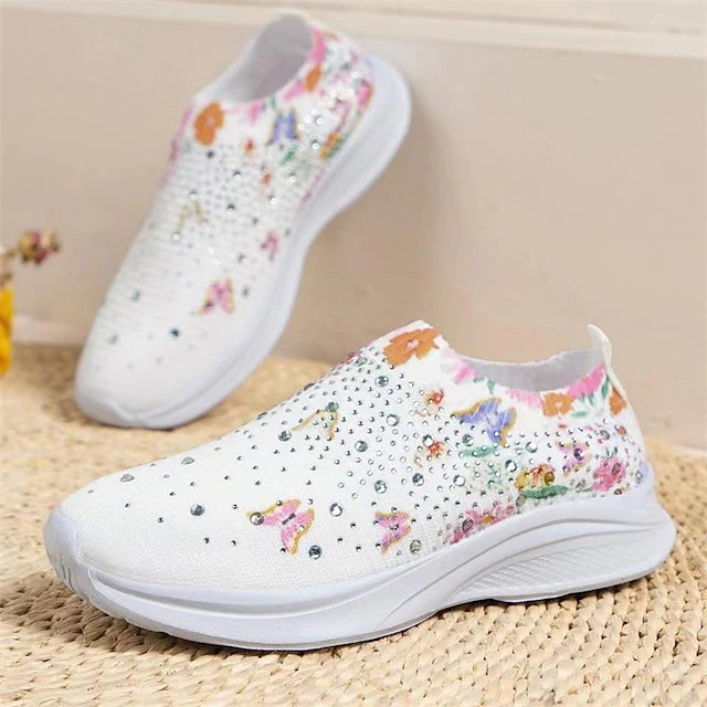 Women's White Slip-On Sneakers with Floral Print and Rhinestones for Casual Wear 2026 - $29.99