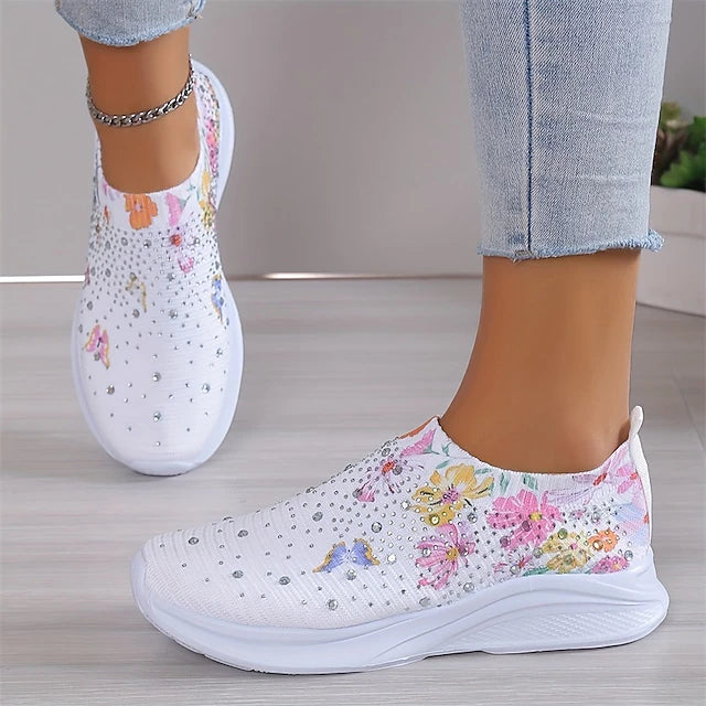 Women's White Slip-On Sneakers with Floral Print and Rhinestones for Casual Wear 2026 - $29.99