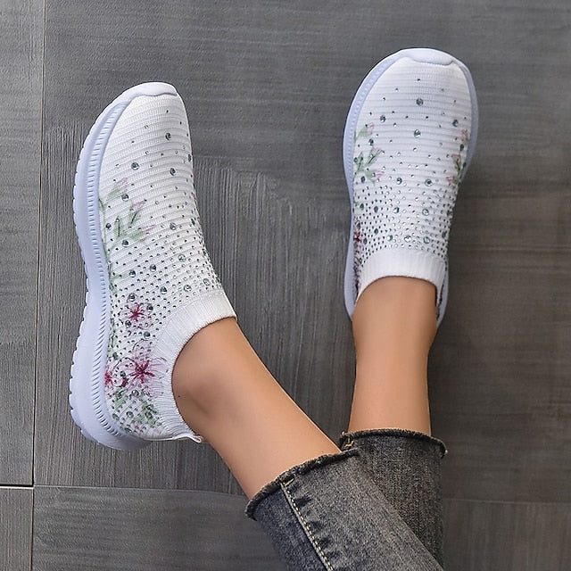 Women's White Slip-On Sneakers with Floral Print and Rhinestones for Casual Wear 2026 - $29.99