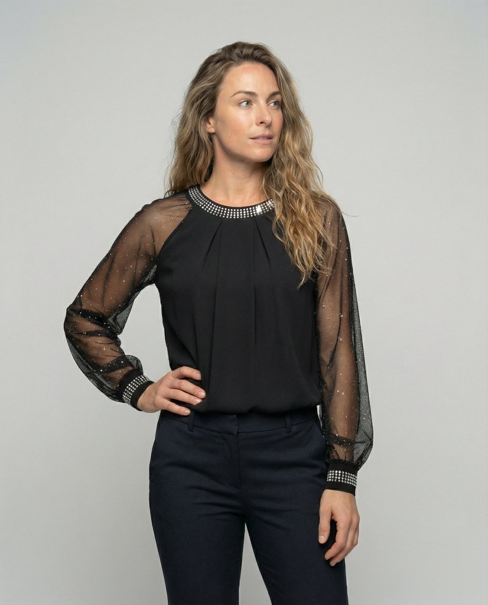 Women’s Elegant Mesh Top with Sequins & Sheer Sleeves | Lovitzo - Mode - Lovitzo