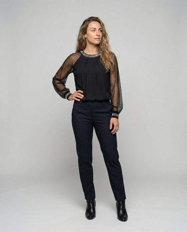 Women’s Elegant Mesh Top with Sequins & Sheer Sleeves | Lovitzo-Mode