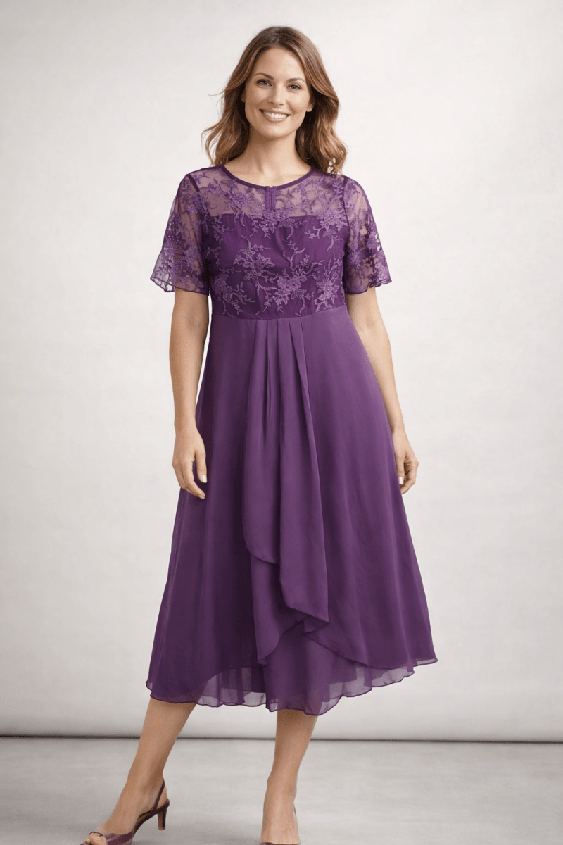 Women’s midi dress with lace and chiffon, short sleeves - Lovitzo