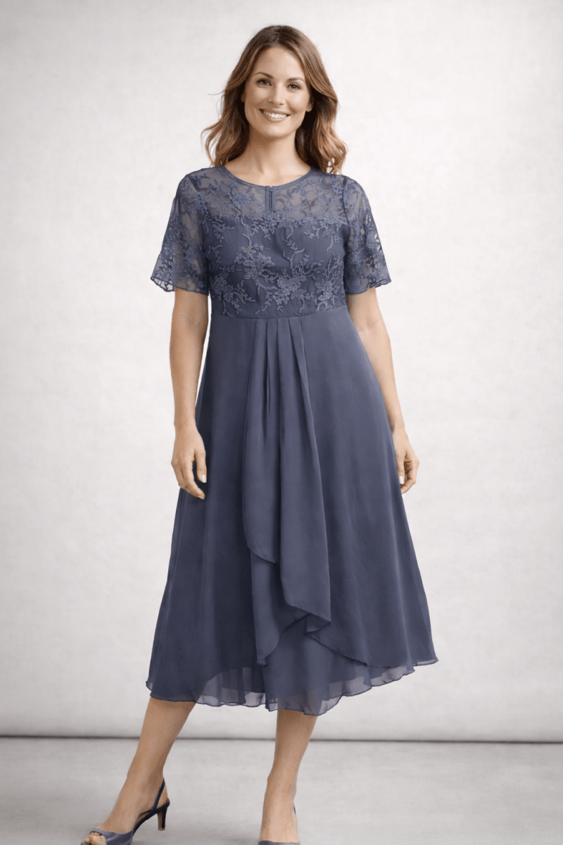 Women’s midi dress with lace and chiffon, short sleeves - Lovitzo
