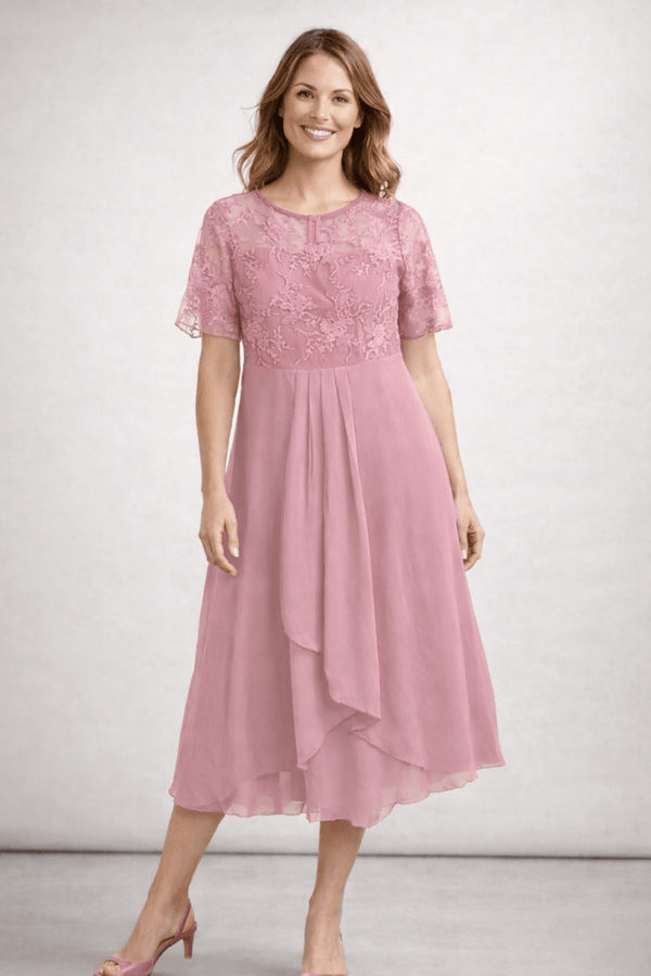 Damen-Midikleid mit Spitze und Chiffon, kurze Ärmel