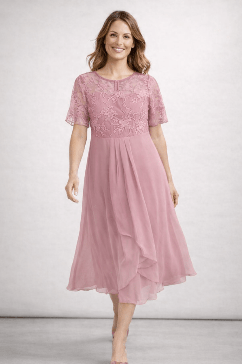 Women’s midi dress with lace and chiffon, short sleeves - Lovitzo