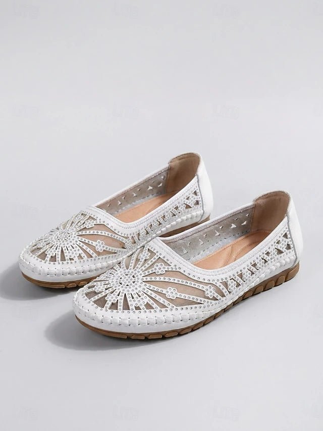 Women's White Breathable Slip-On Shoes – Hollow Out Comfort Flats with Soft Cushioned Insole, Lightweight Flexible Sole and Non-Slip Design for Walking, Travel and Everyday Wear | HollowBreeze - Lovitzo