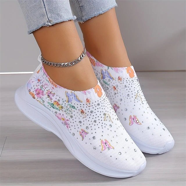 Women's White Slip-On Sneakers with Floral Print and Rhinestones for Casual Wear | BloomSpark - Lovitzo