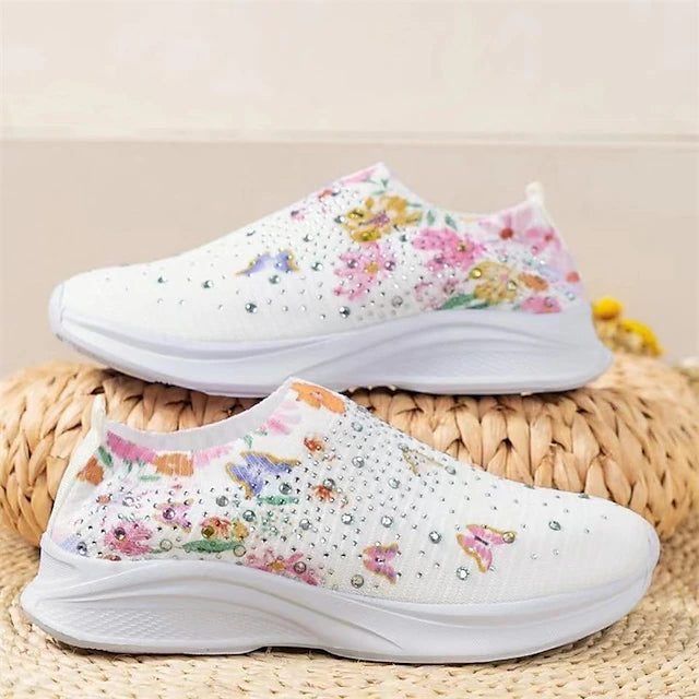 Women's White Slip-On Sneakers with Floral Print and Rhinestones for Casual Wear 2026 - $29.99